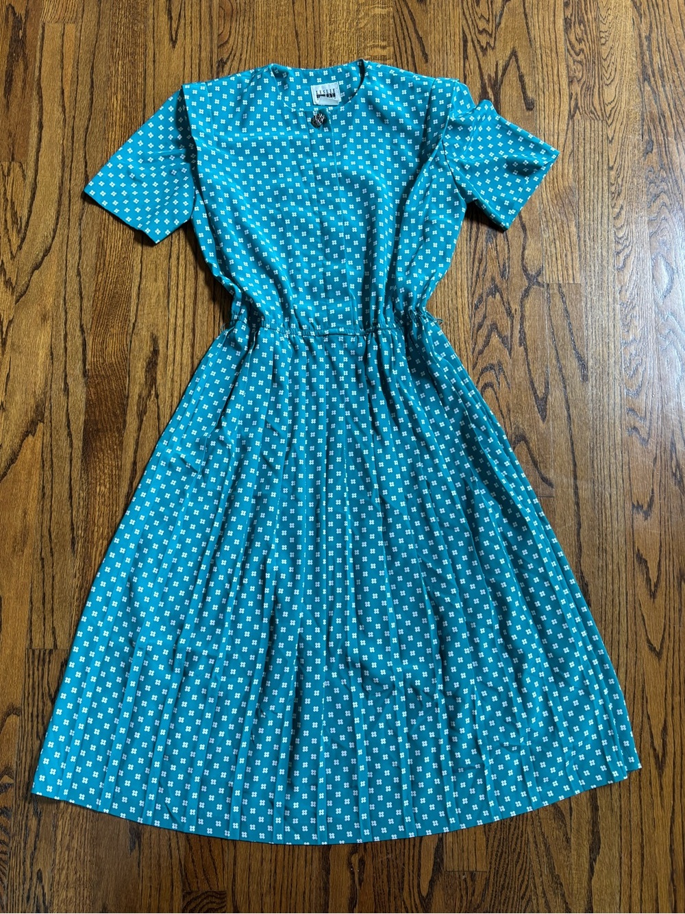 Leslie Fay A-Line Midi Dress Teal White Floral Satin Short Sleeve